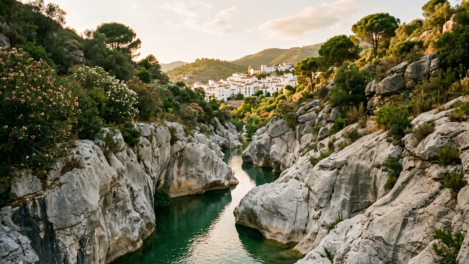 Garganta de roca caliza con agua verde esmeralda y un pueblo blanco andaluz en la ladera al atardecer