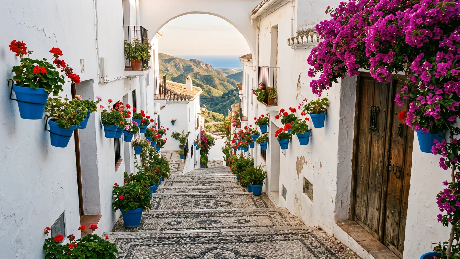 Calle empinada de un pueblo blanco andaluz con suelo de guijarros, macetas azules y buganvillas
