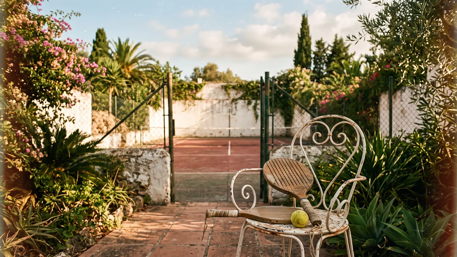 Pista de pádel antigua con paredes blancas en un jardín mediterráneo con dos palas de madera sobre una silla de hierro
