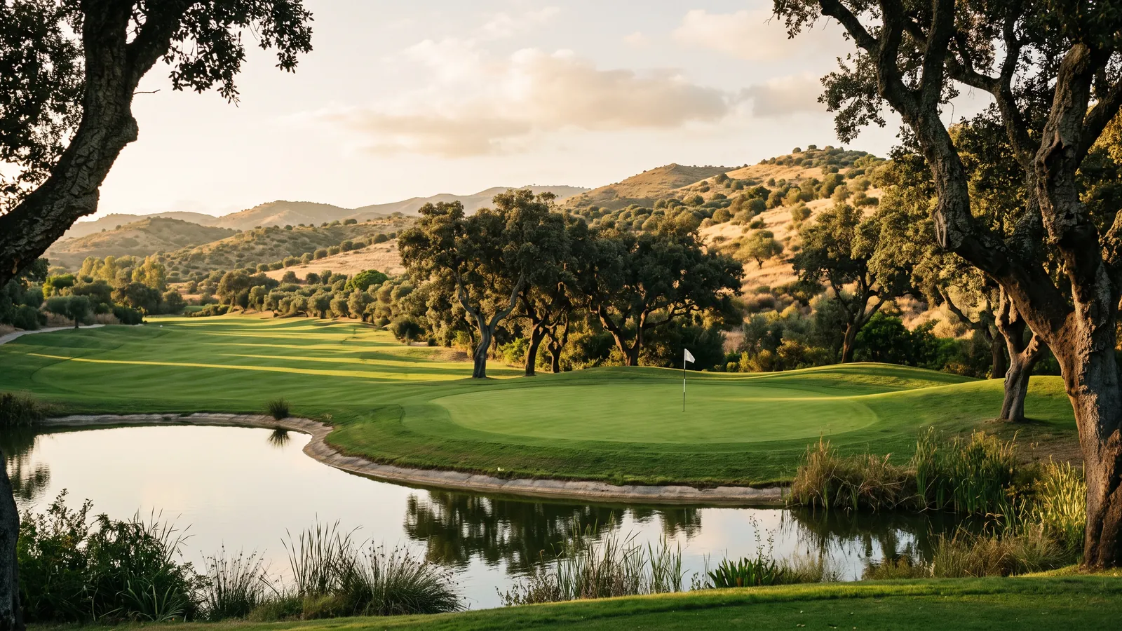 Green de golf entre alcornoques centenarios con un pequeño lago al atardecer en el sur de España